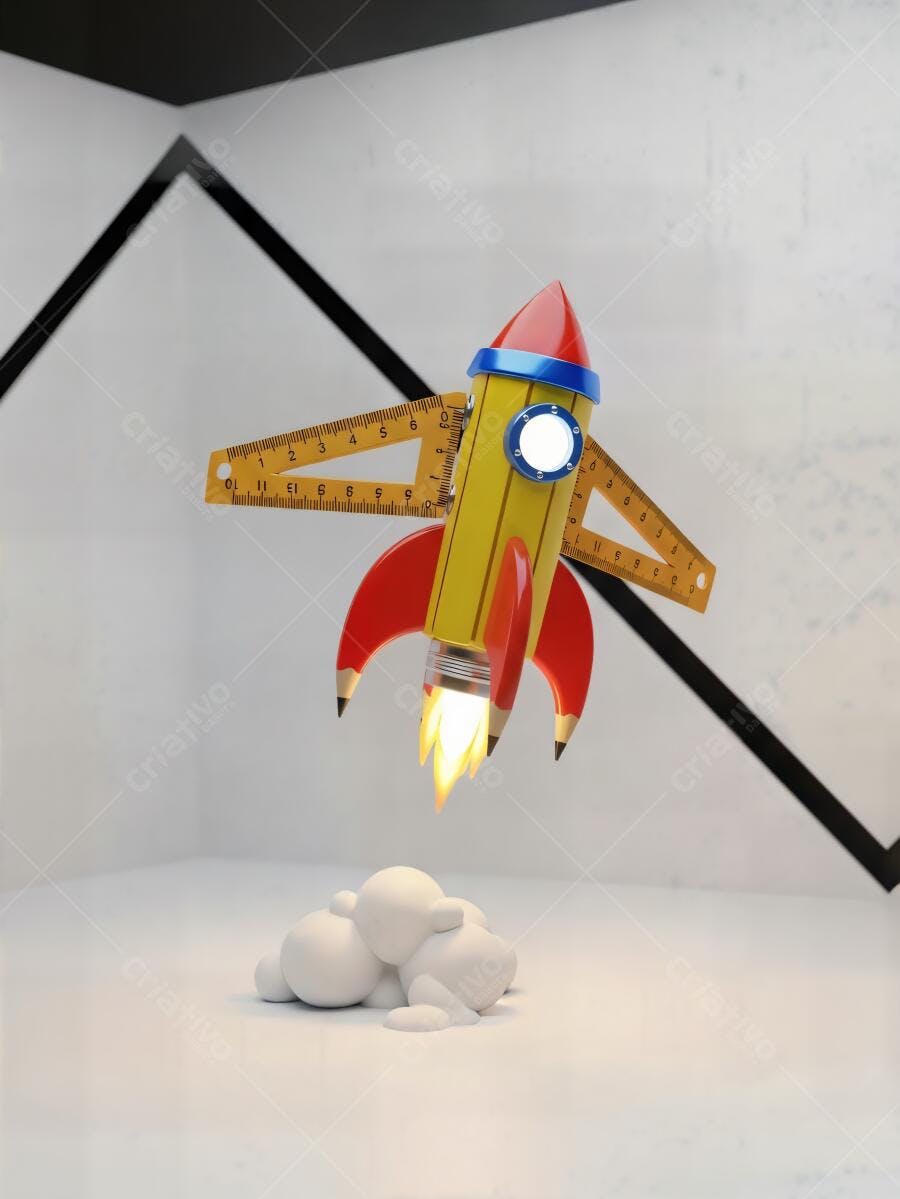 Foguete de lápis e réguas decolando com fumaça em fundo branco minimalista