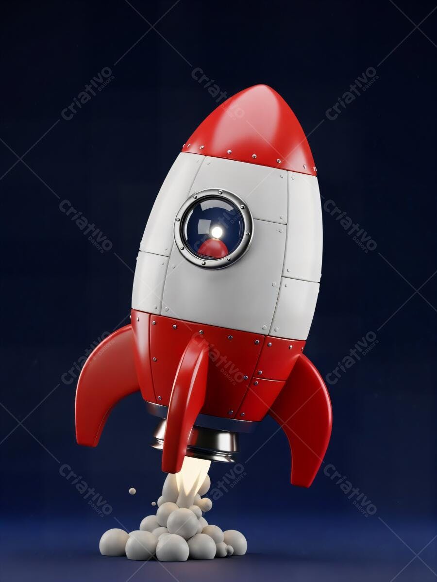 Foguete vermelho e branco em lançamento no espaço escuro