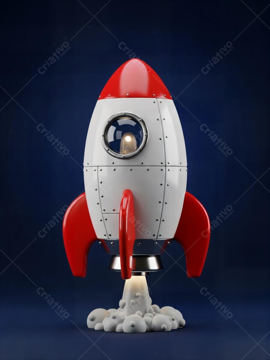 Foguete vermelho e branco decolando com fumaça em fundo azul