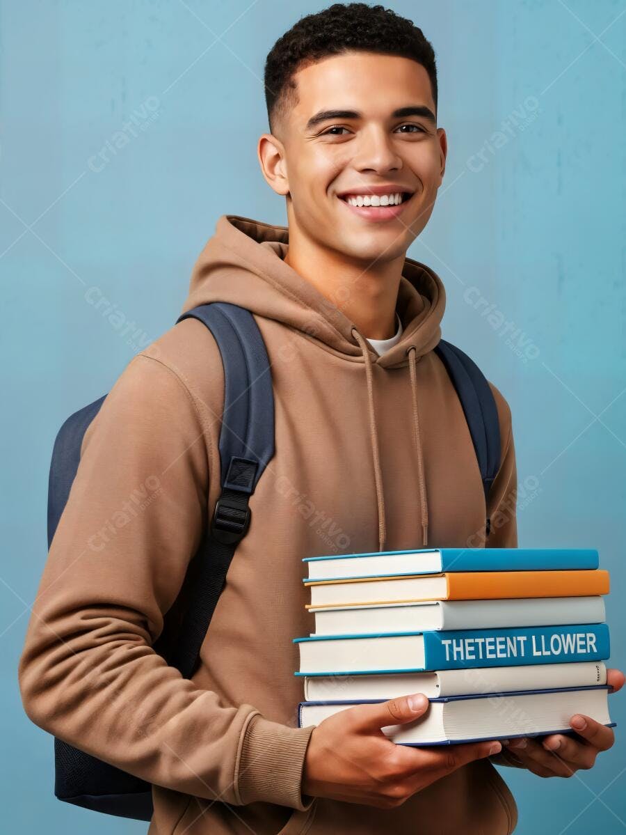 Homem jovem estudante sorrindo feliz com livros e mochila azul