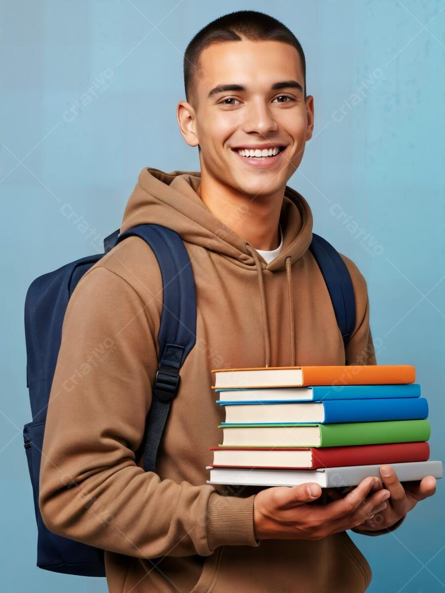Jovem estudante feliz com mochila e livros coloridos em fundo azul