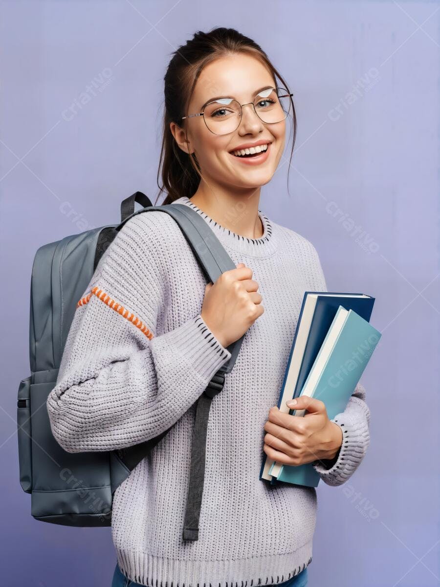 Jovem estudante caucasiana sorrindo com livros e mochila cinza em fundo lilás
