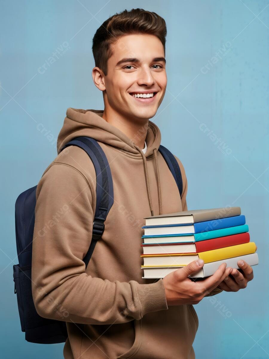 Estudante masculino caucasiano sorrindo com livros e mochila em fundo azul