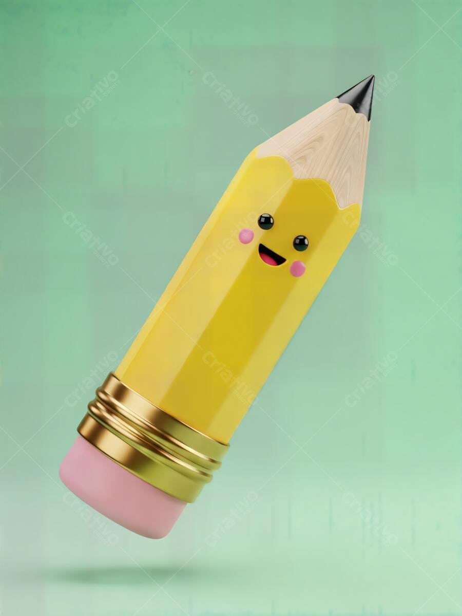 Lápis amarelo sorrindo com borracha rosa em fundo verde claro