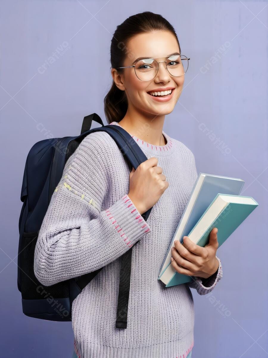 Mulher estudante feliz óculos livros azuis mochila roxa em estúdio
