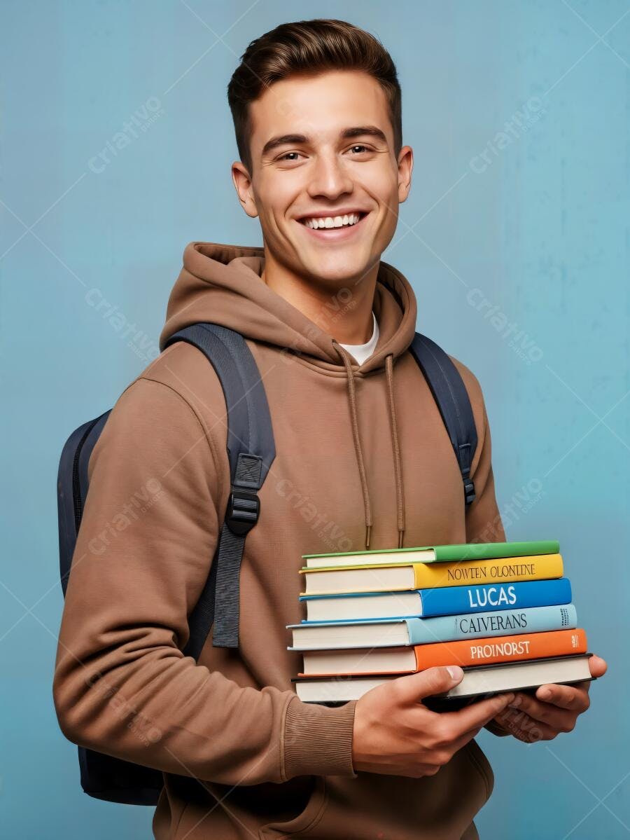 Jovem estudante caucasiano feliz com mochila e livros coloridos em fundo azul