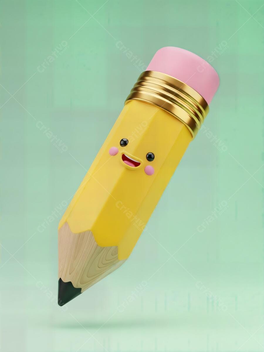 Lápis amarelo 3D com rosto feliz e borracha rosa para design e educação