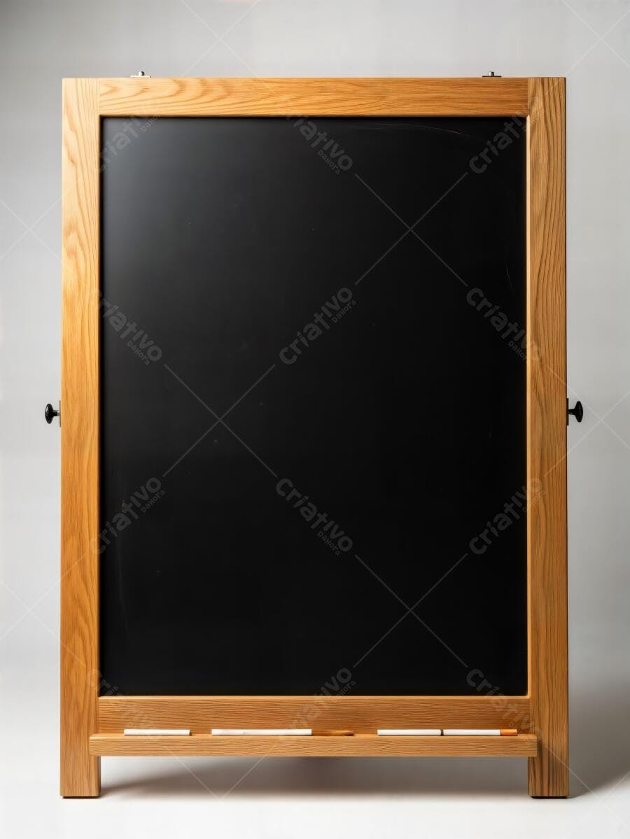 Lousa de madeira clara com quadro negro vazio e giz em estúdio