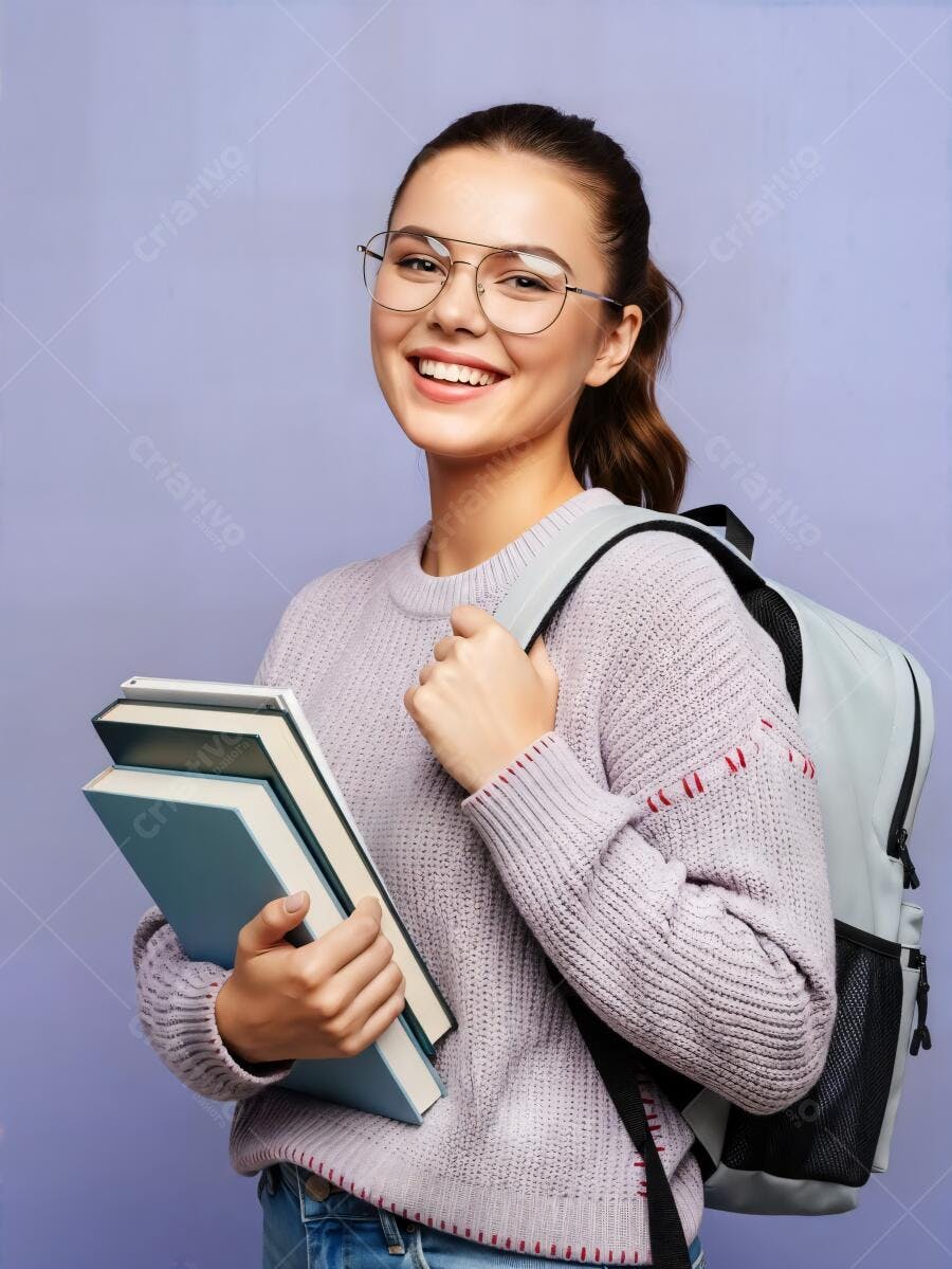 Jovem estudante caucasiana sorrindo com livros e mochila em estúdio lilás