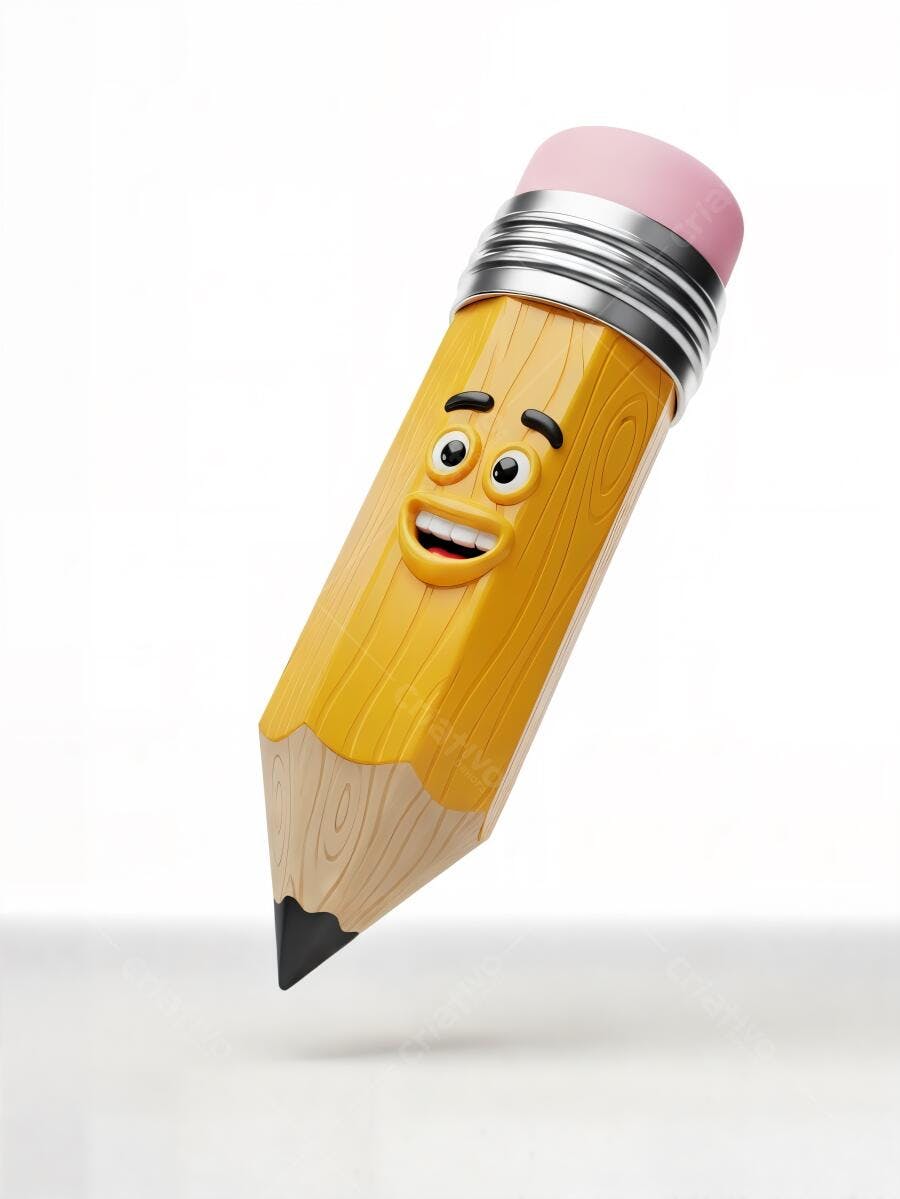 Lápis amarelo com rosto feliz borracha rosa render 3D