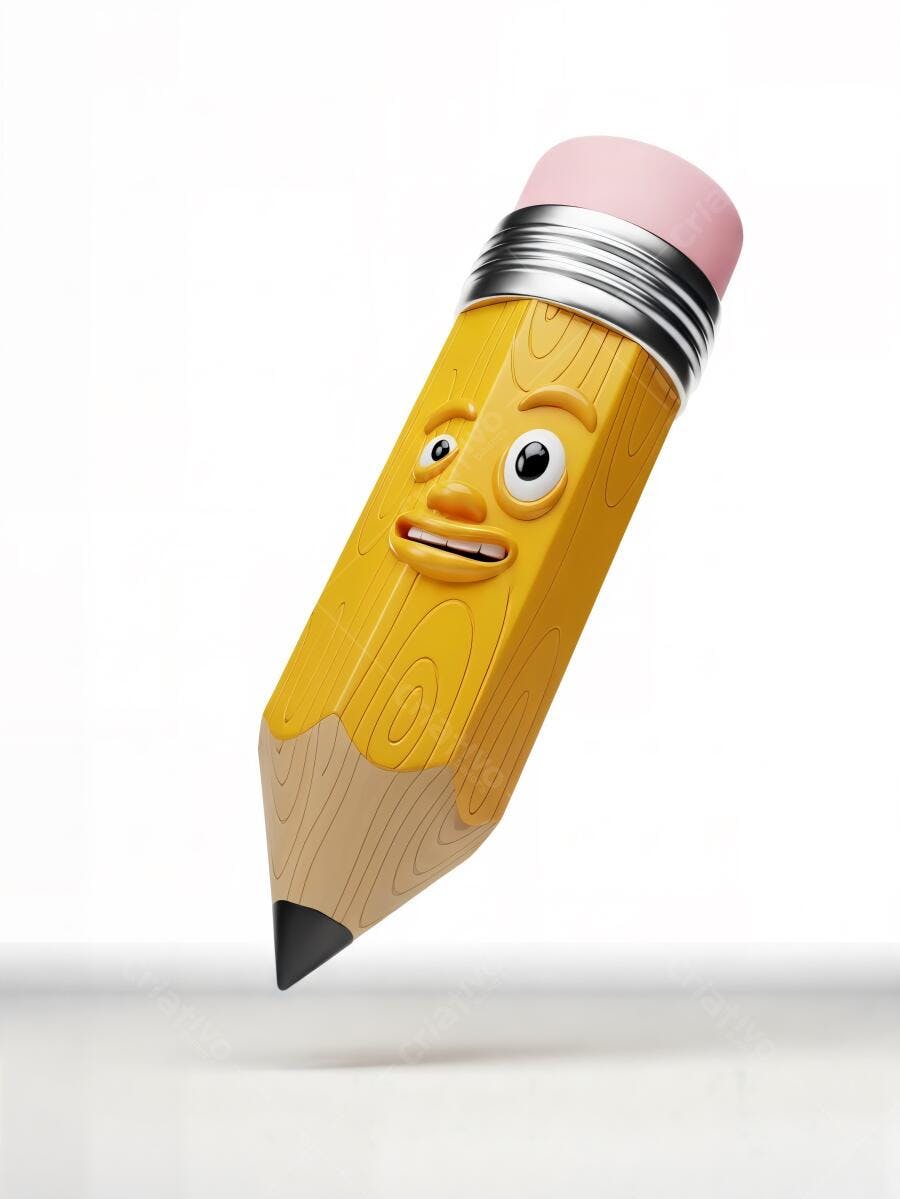 Lápis amarelo 3D com rosto expressivo flutuando em fundo branco