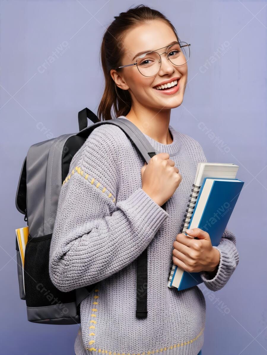 Menina estudante sorrindo feliz com mochila e livros