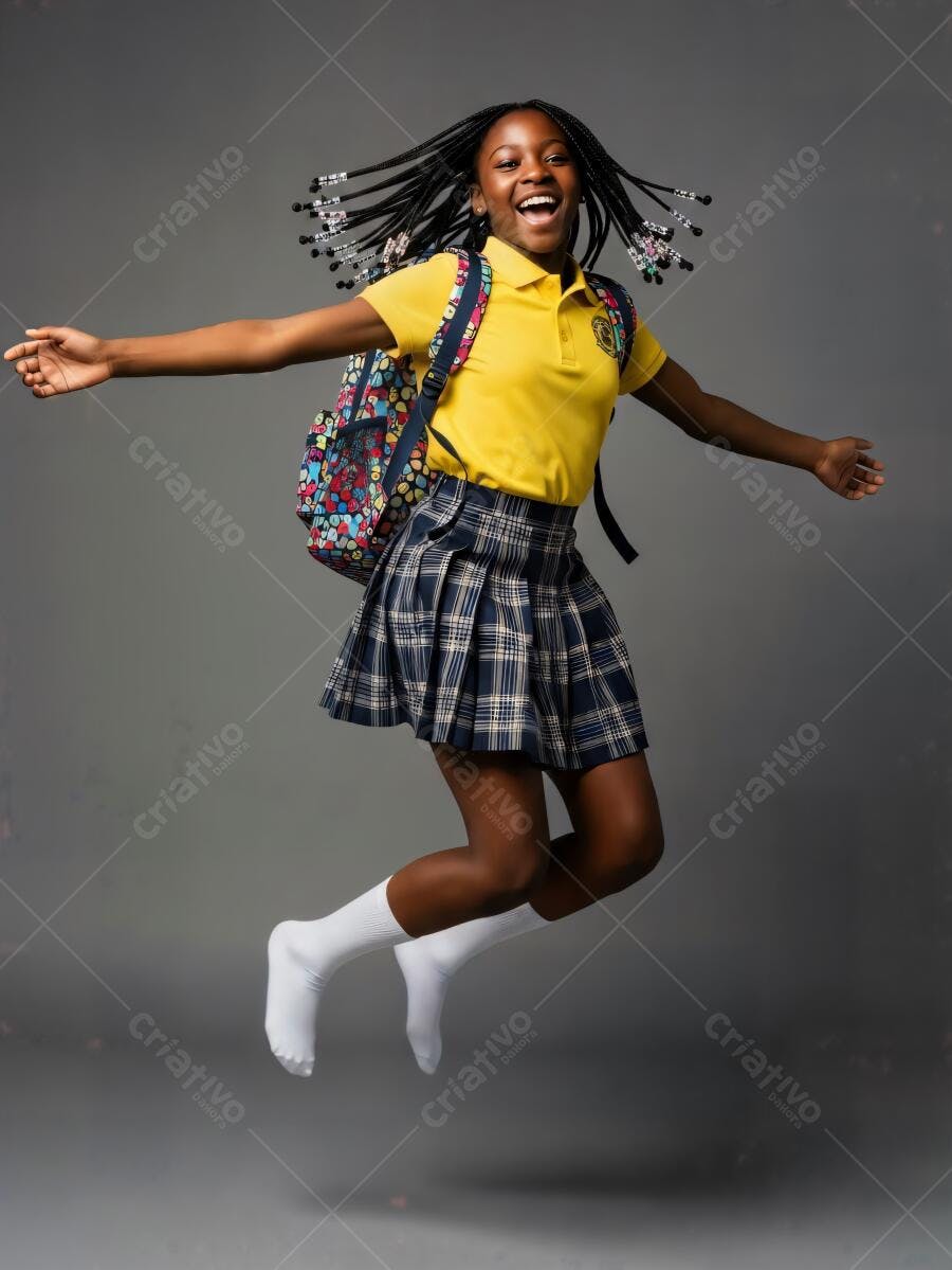 Menina estudante negra feliz pulando com mochila colorida no estúdio