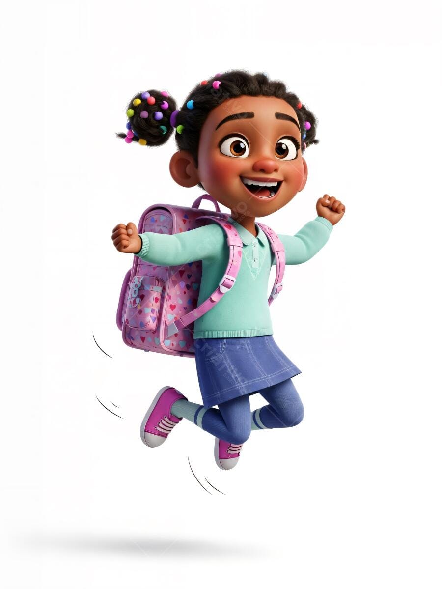 Menina negra feliz pulando com mochila rosa para a escola