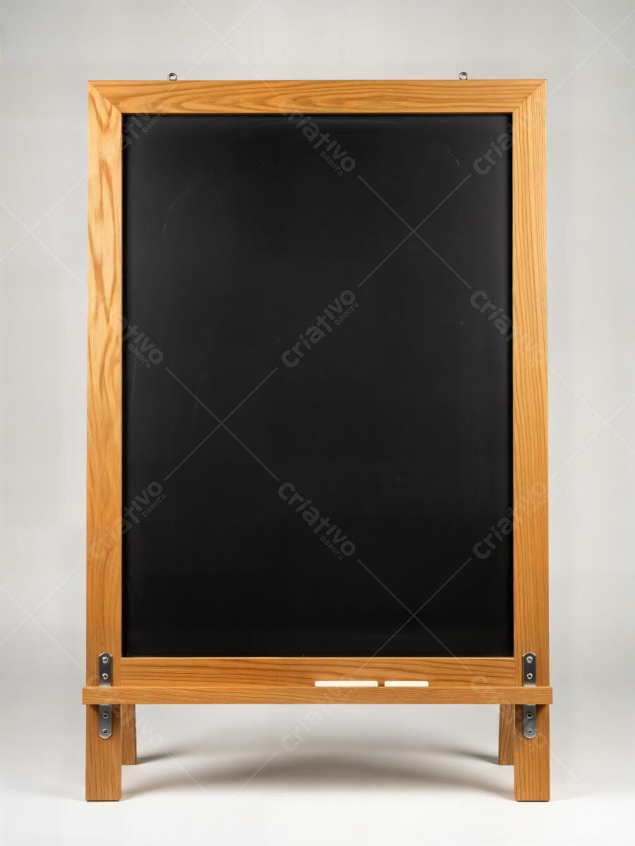 Lousa quadro negro de madeira clara com giz em estúdio branco