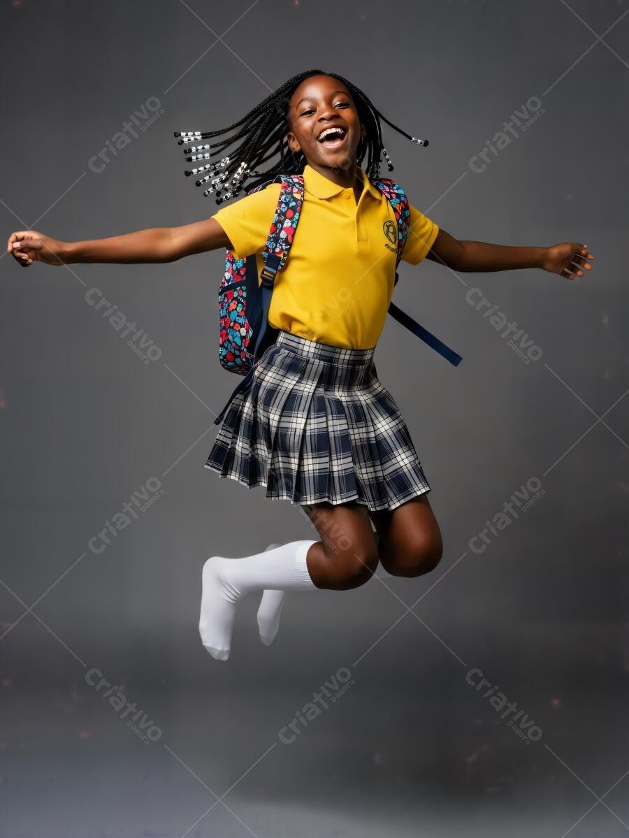 Menina negra feliz pulando com uniforme escolar amarelo e mochila colorida