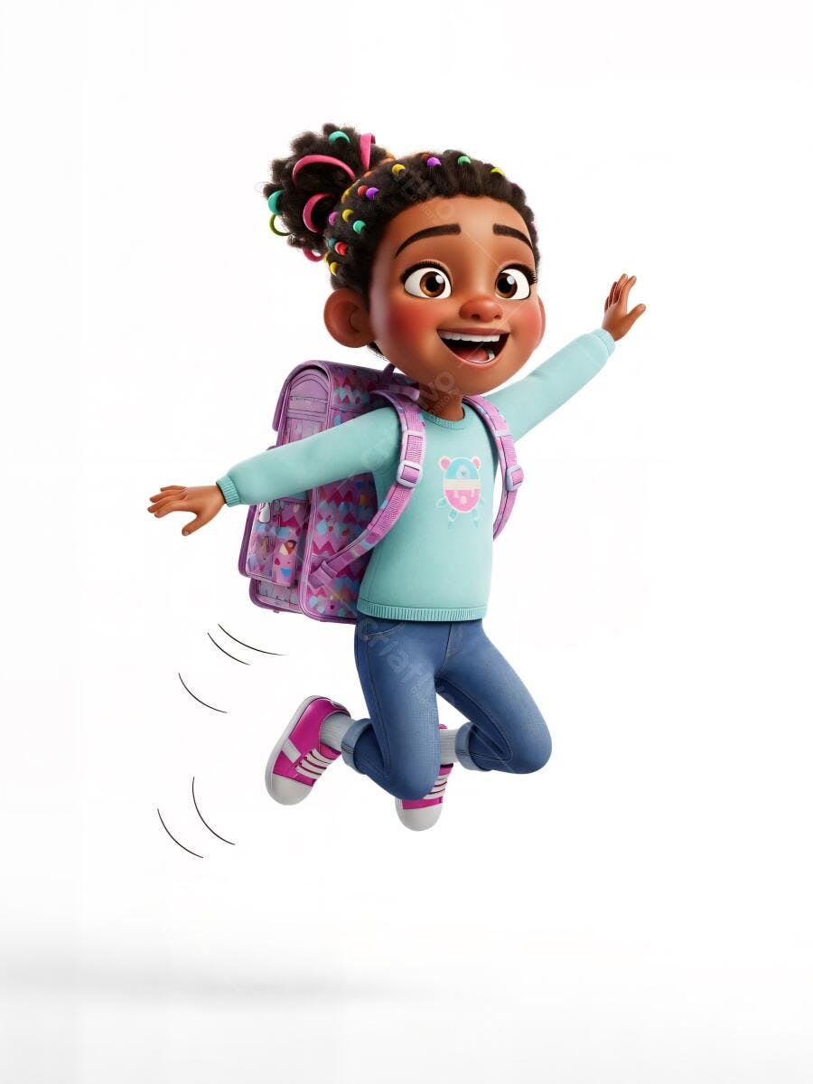 Menina negra pulando feliz com mochila escolar em fundo branco isolado