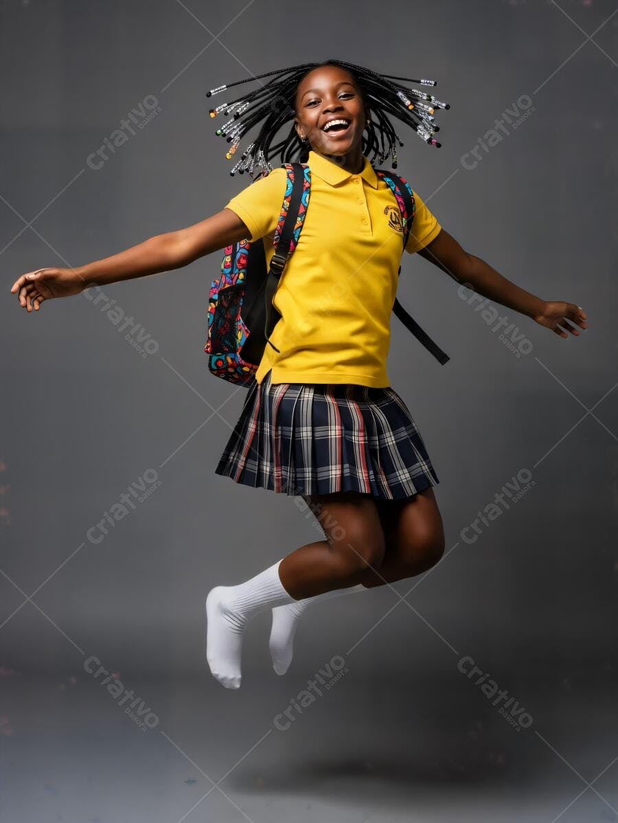 Menina negra estudante feliz pulando com uniforme amarelo e saia xadrez