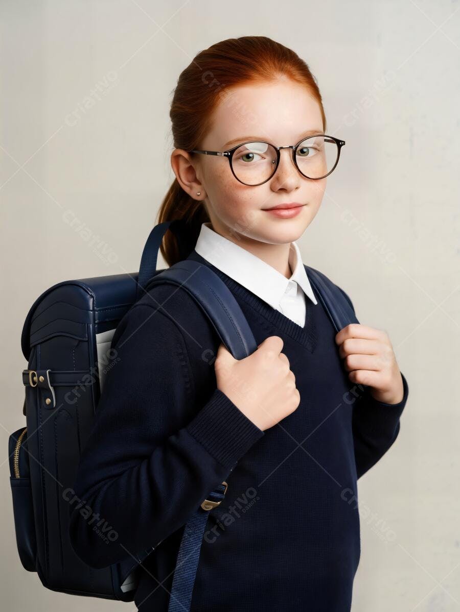 Menina ruiva de óculos com uniforme escolar e mochila azul posando