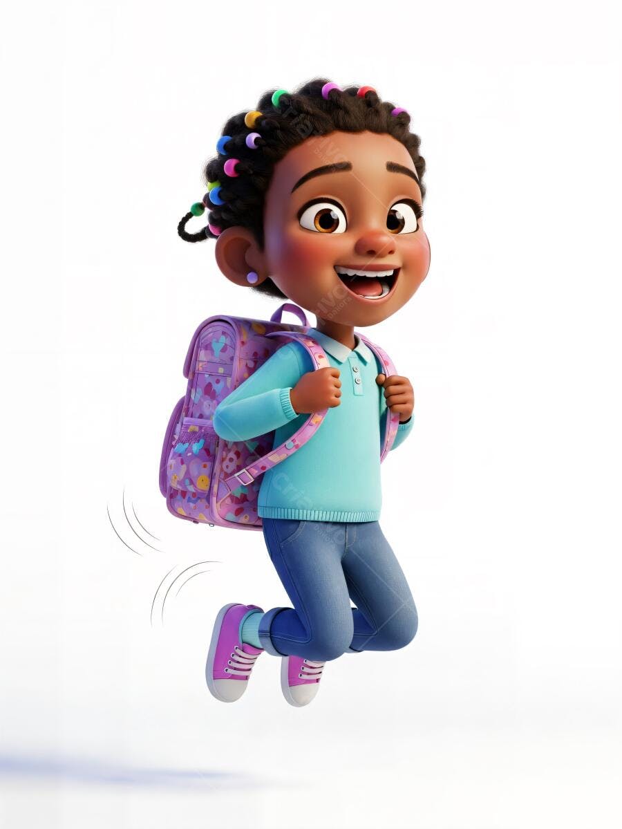 Menina negra feliz pulando com mochila roxa para escola