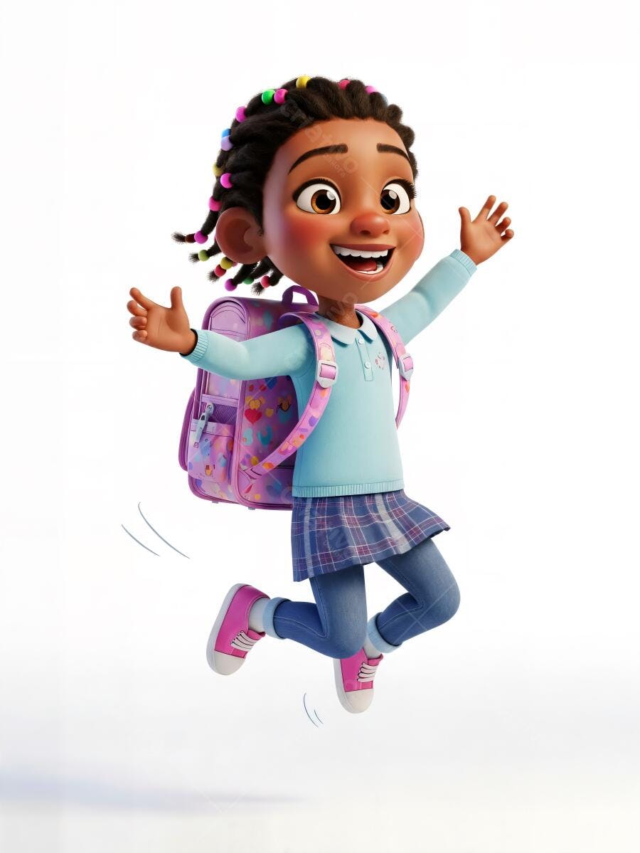 Menina negra feliz pulando com mochila roxa e tranças coloridas