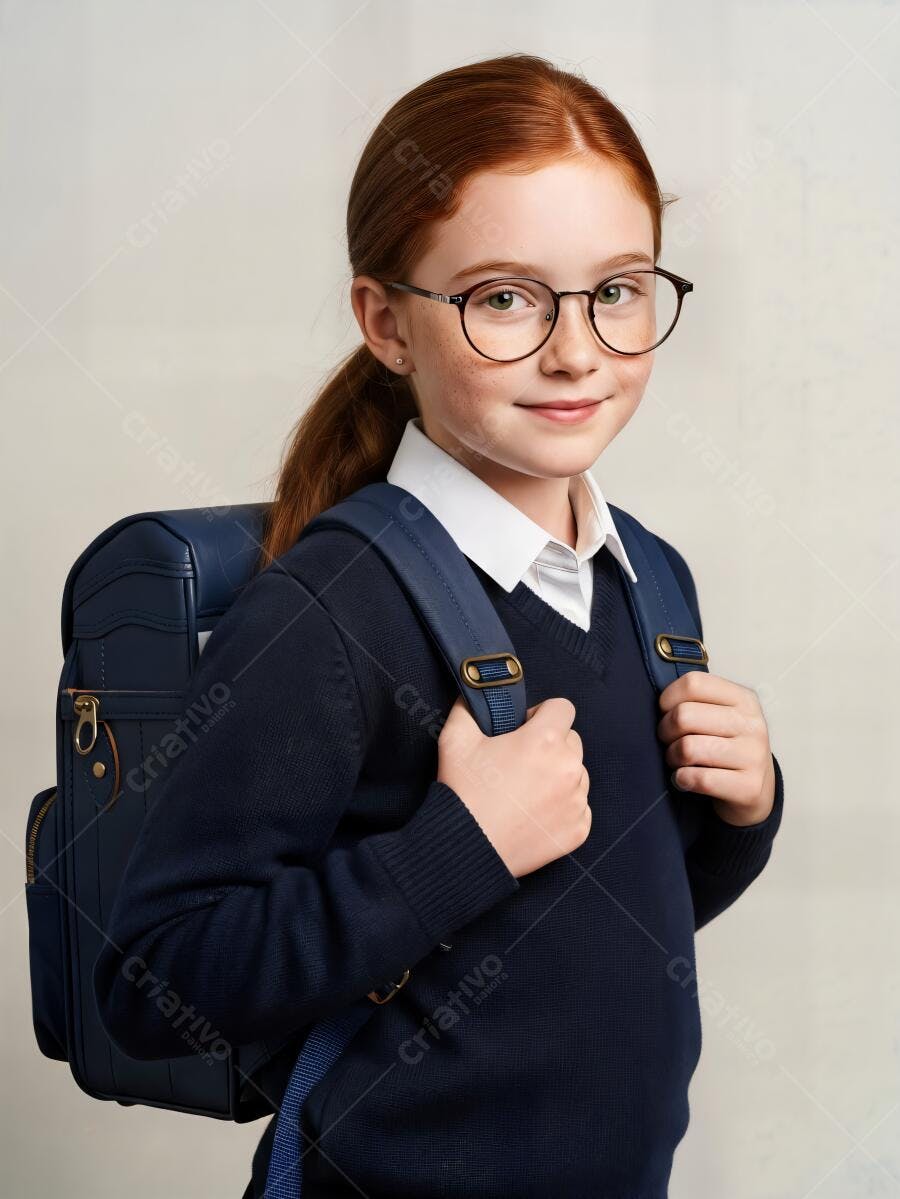 Menina ruiva estudante com mochila azul e óculos sorrindo para a escola