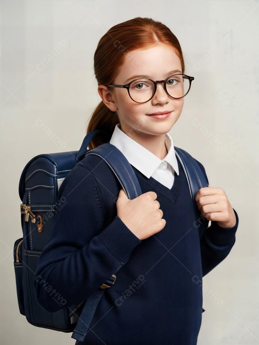 Menina ruiva de óculos e mochila azul sorrindo pronta para escola