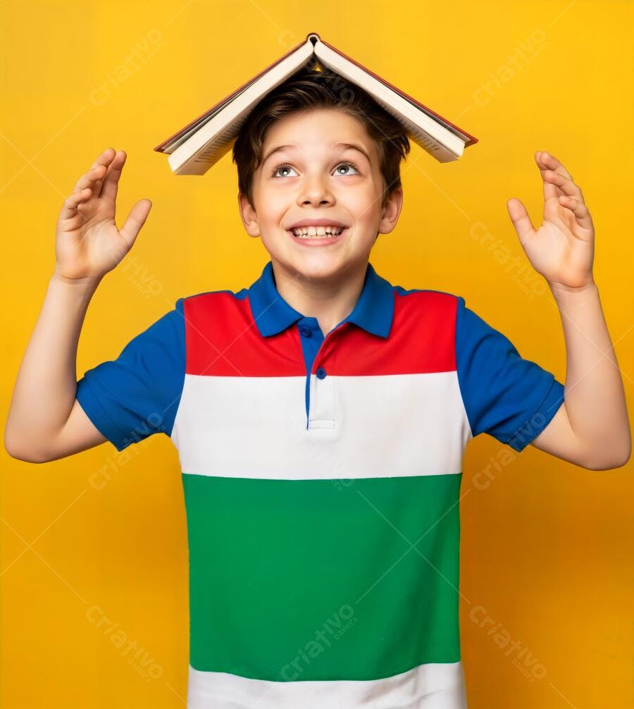 Menino feliz equilibrando livro na cabeça em fundo amarelo vibrante