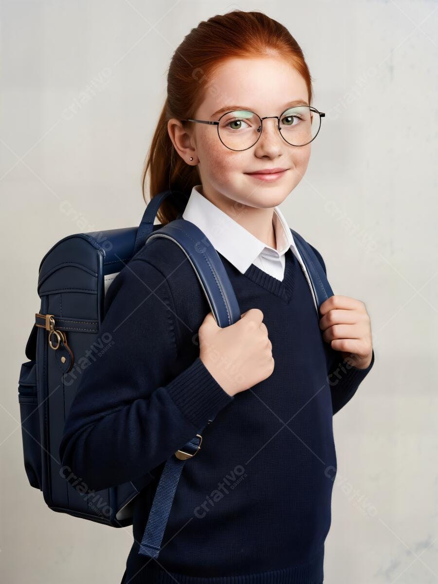 Menina estudante de cabelo ruivo e óculos sorrindo com mochila azul