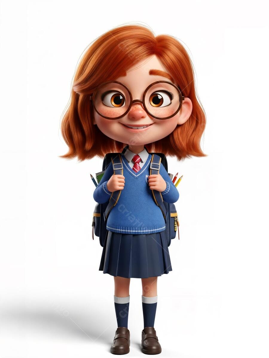 Menina estudante feliz de óculos e uniforme azul com mochila escolar