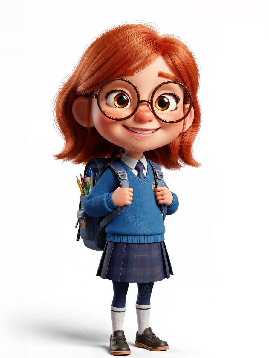 Menina ruiva estudante feliz com mochila e óculos pronta para escola