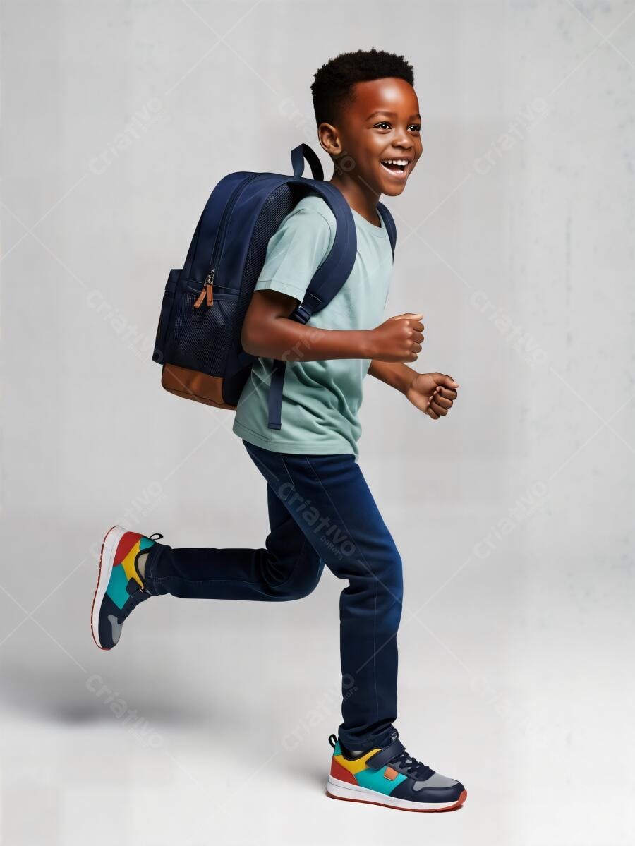 Menino negro feliz correndo com mochila azul para a escola animado