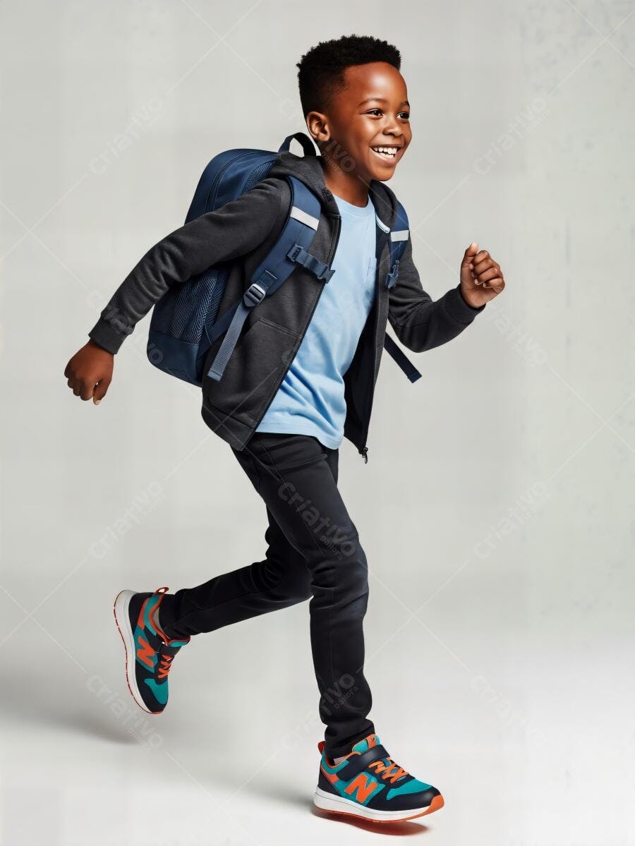 Menino negro feliz correndo com mochila azul em estúdio neutro