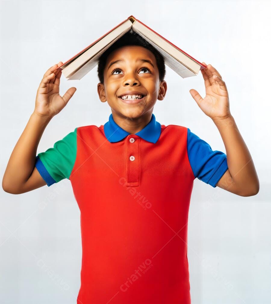 Criança negra feliz com livro na cabeça em estúdio branco