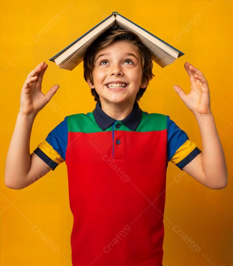 Menino feliz equilibrando livro na cabeça em fundo amarelo vibrante