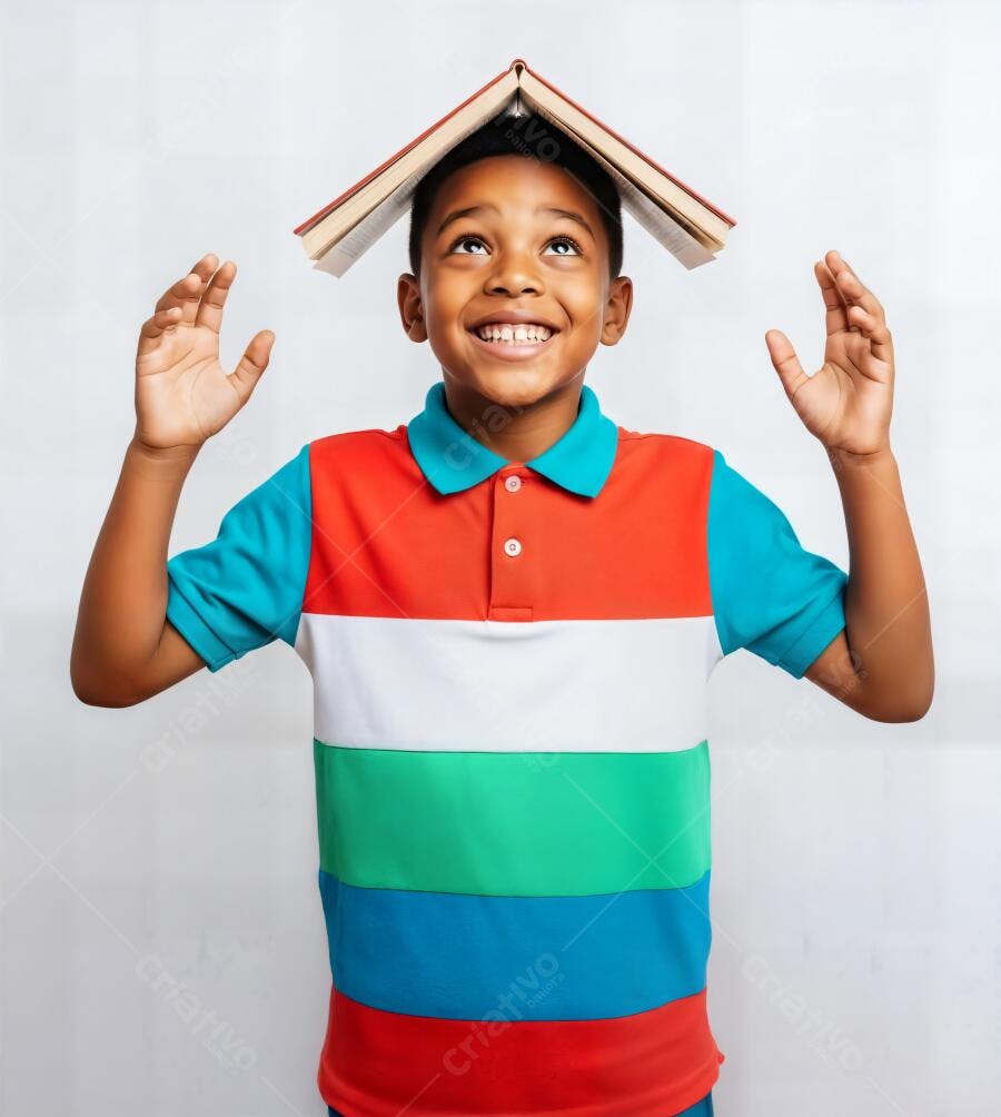 Menino negro feliz com livro na cabeça em estúdio fundo branco camisa colorida