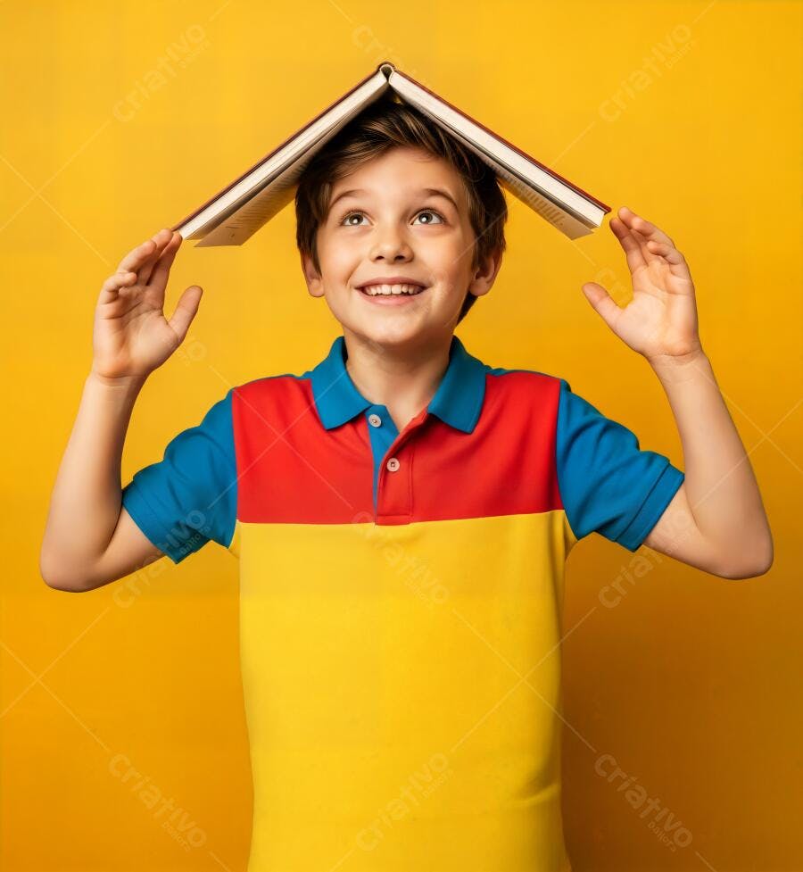 Menino feliz de camisa colorida com livro na cabeça em fundo amarelo