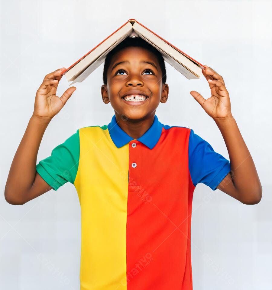 Menino negro com livro na cabeça sorrindo feliz vestindo camisa colorida