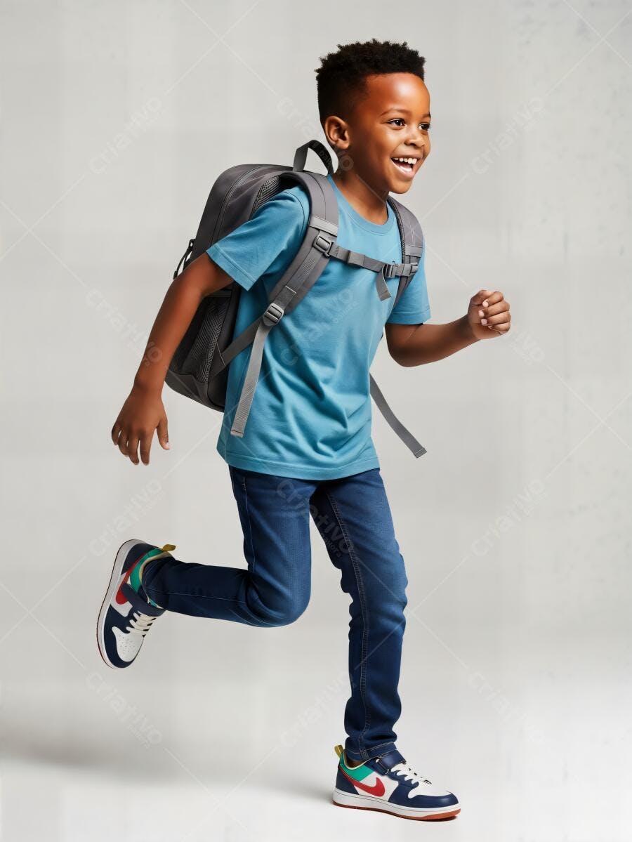 Menino negro feliz correndo com mochila cinza em camiseta azul e jeans