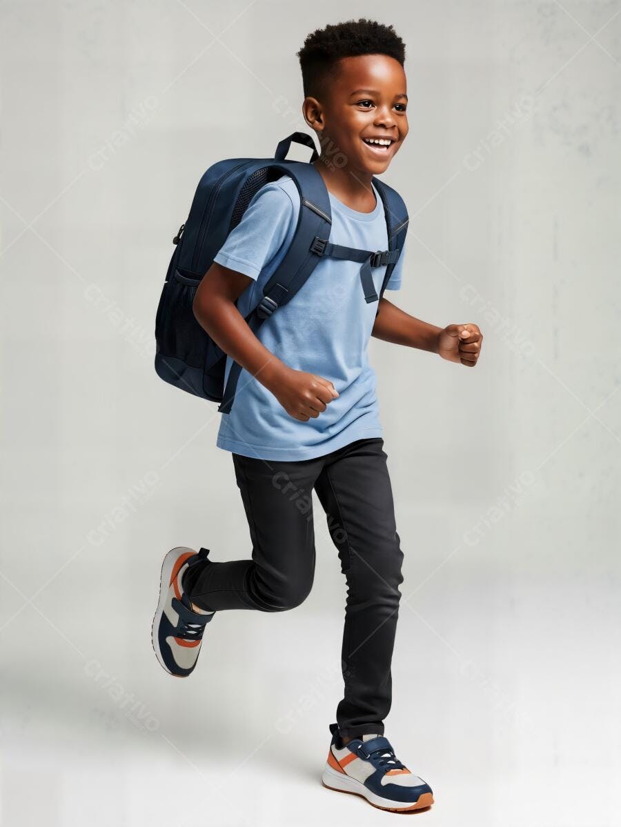 Menino negro feliz correndo com mochila azul para a escola em estúdio