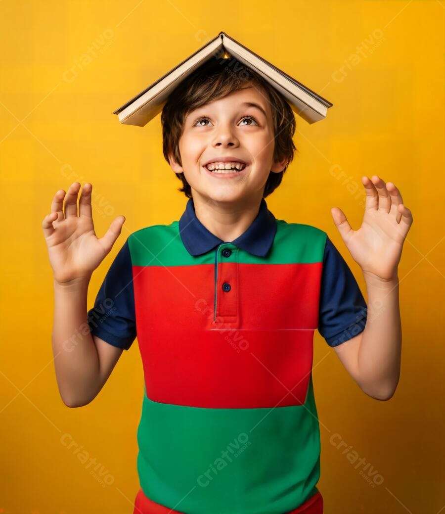 Menino feliz com livro na cabeça sorrindo em fundo amarelo