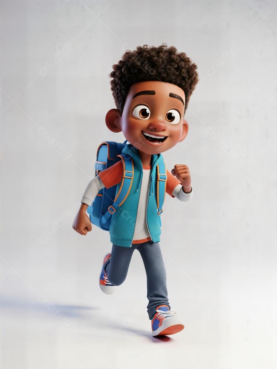 Menino afro-americano estudante feliz correndo com mochila azul para a escola
