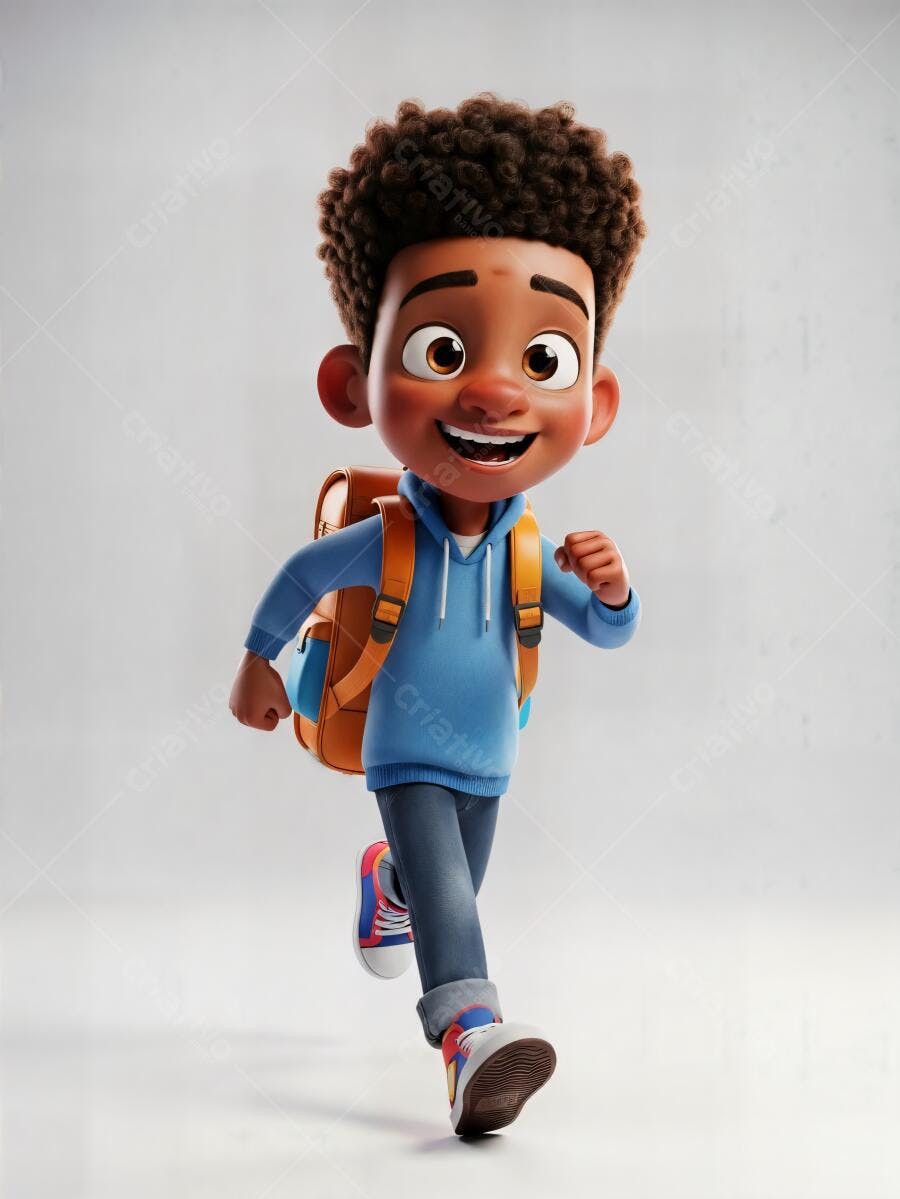 Menino afro-brasileiro feliz correndo com mochila azul em ilustração 3D