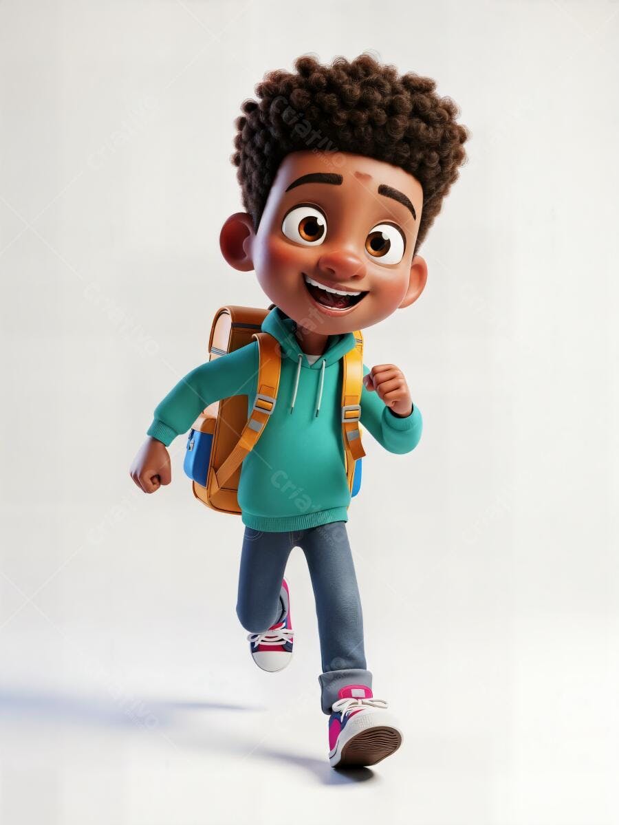 Menino negro feliz correndo com mochila laranja e moletom turquesa