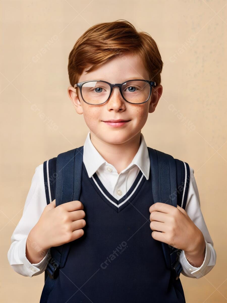 Menino ruivo de óculos e uniforme escolar sorrindo pronto para a aula