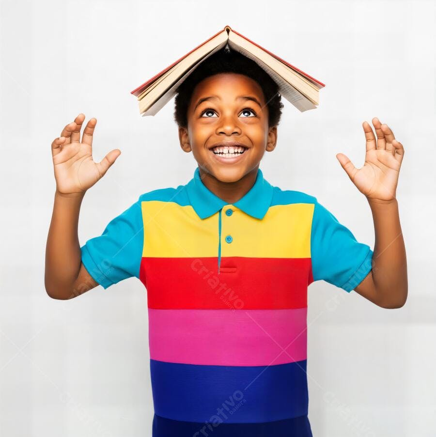 Menino negro feliz com livro na cabeça sorrindo