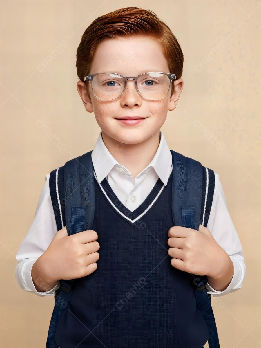Menino estudante ruivo de óculos e uniforme azul sorrindo com mochila