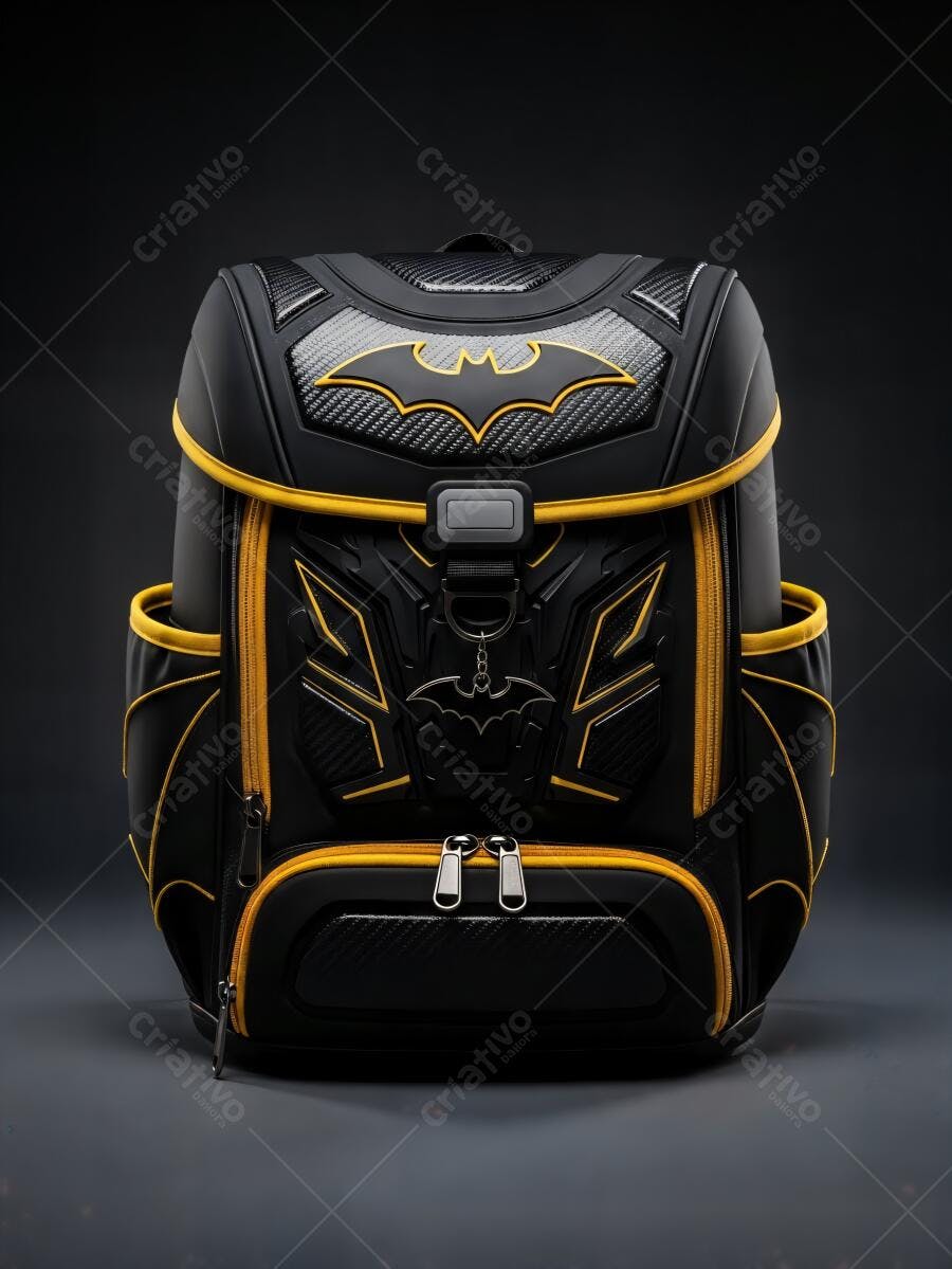Mochila escolar Batman preta e amarela com detalhes de fibra de carbono em estúdio