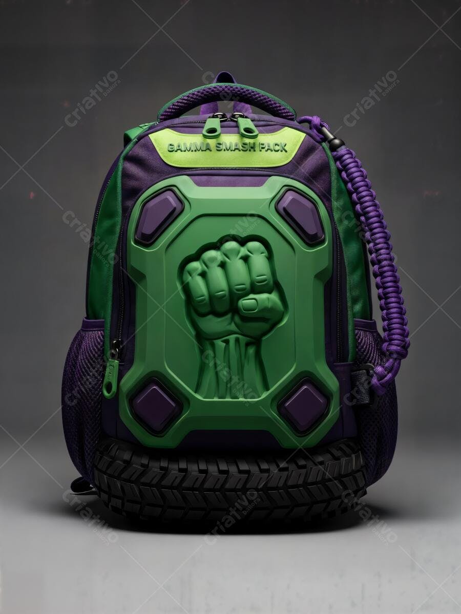 Mochila verde e roxa do Hulk com punho e base de pneu para crianças