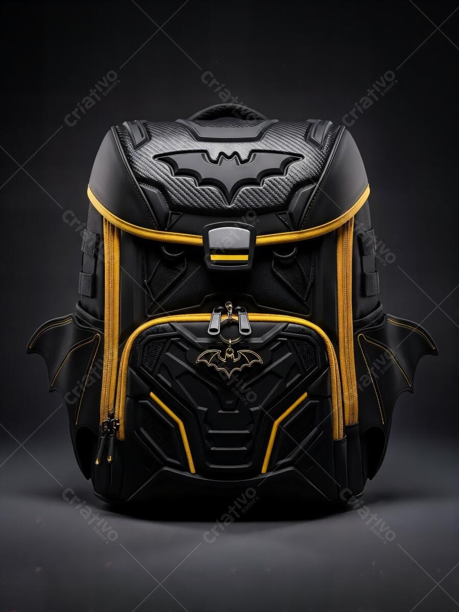 Mochila Batman preta e amarela com detalhes de fibra de carbono e asas de morcego